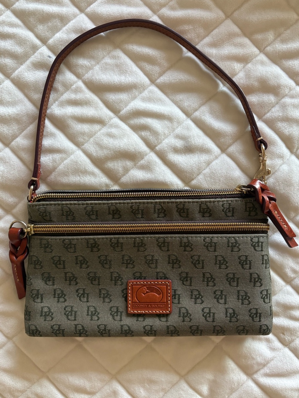 Dooney & Bourke Green Monogram Wristlet with Brown Leather Trim